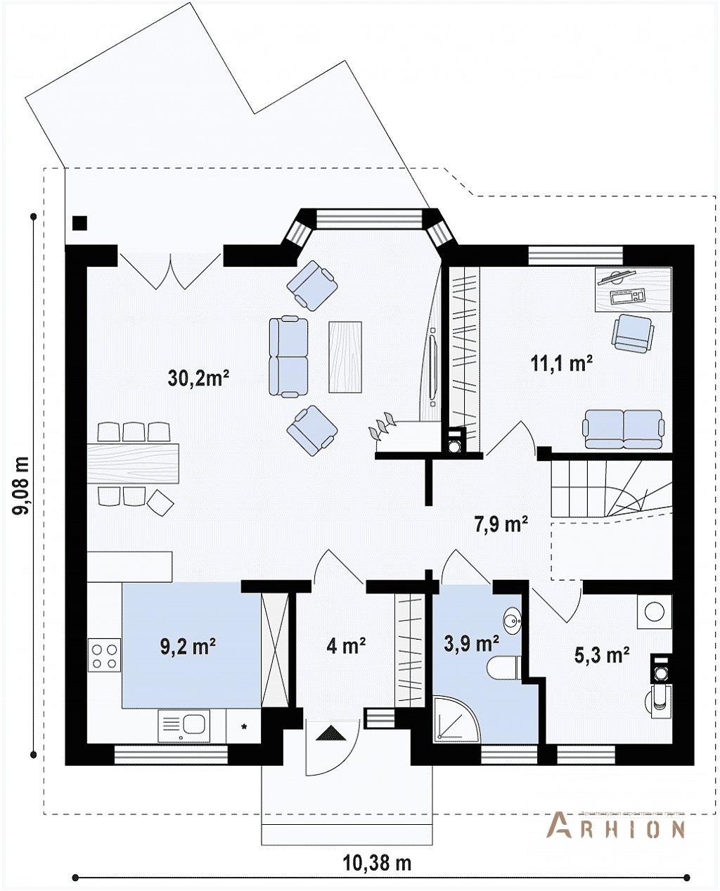 2. Проект одноэтажного дома в европейском стиле с двускатной кровлей, Z40 os, площадью - 142 кв c мансардой